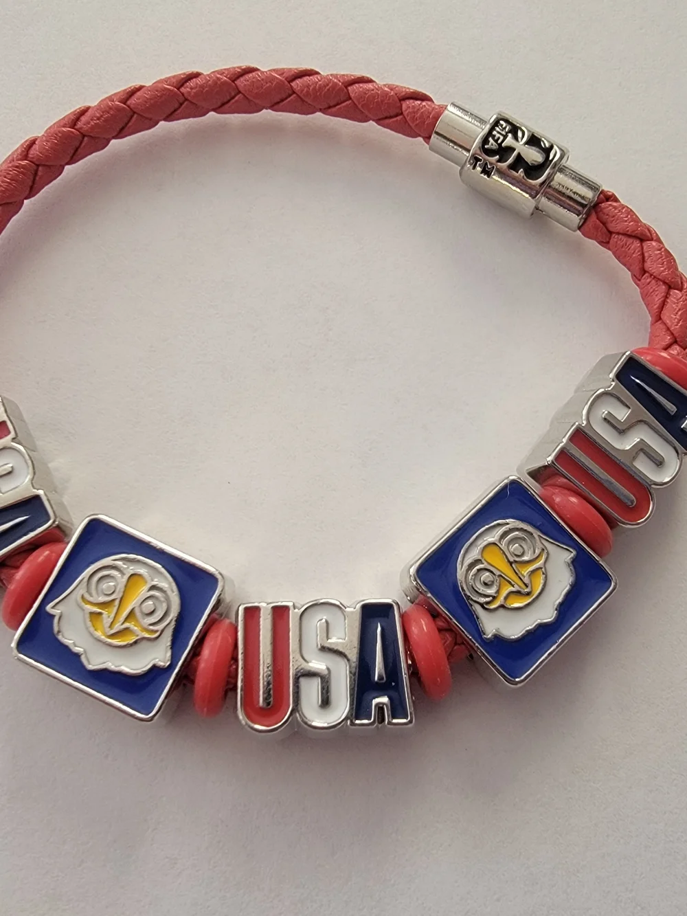 USA Themed Braided Red Bracelet with Blue Enamel Charms